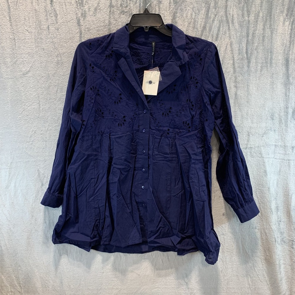 Raviya Women's Swimsuit Cover Up Shirt M Navy Blue Eyelet Long Sleeve Button Up
